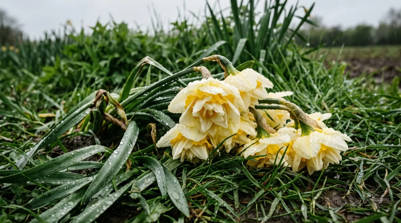 Division 4 double daffodils flattened after rain in grass, heavy waterlogged heads pulling the stems over