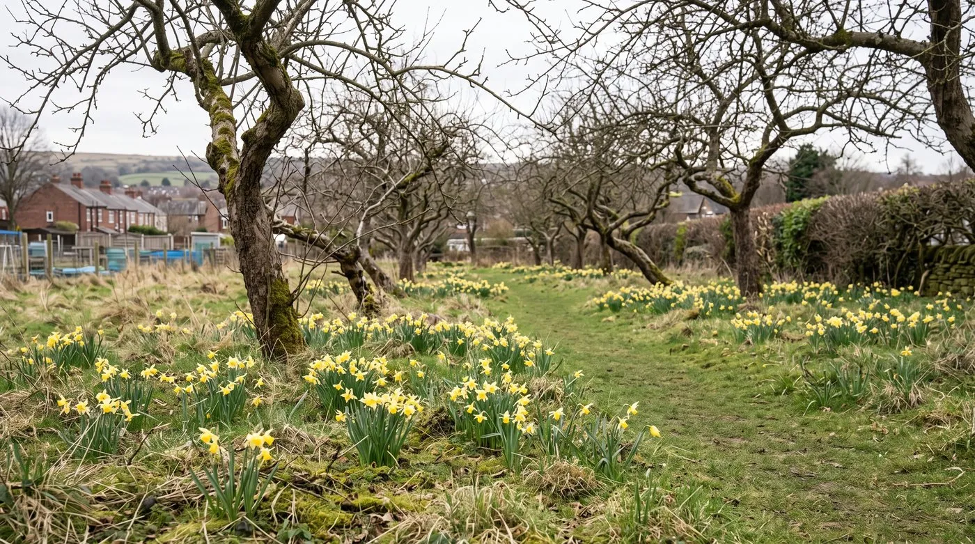 Drift of small yellow daffodils naturalised in rough grass under apple trees with a mown path