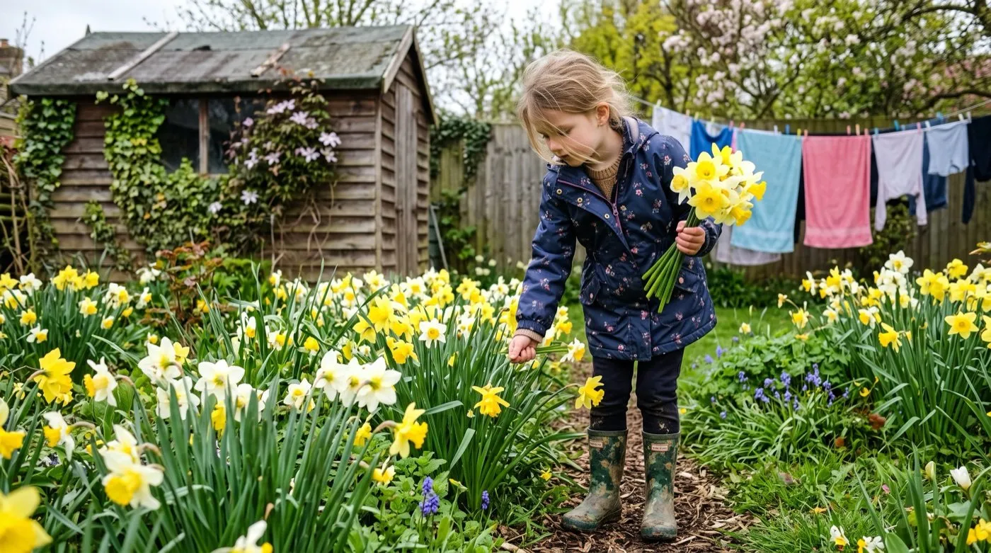 A young girl picking daffodils in a garden, holding a bunch of large-cupped daffodils cut from a border