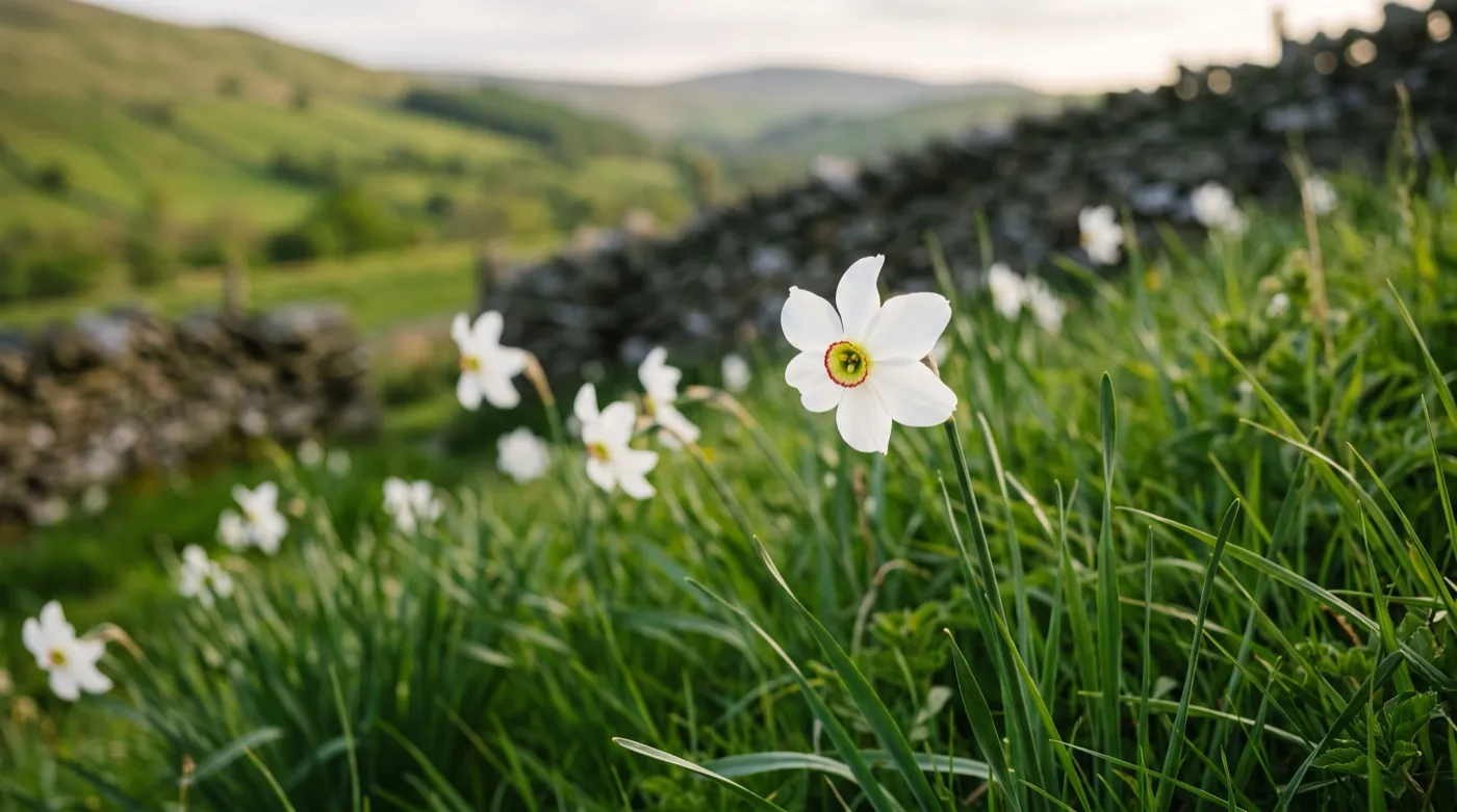 Poeticus daffodils with pure white petals and small red-rimmed cups flowering in May in a Welsh hillside garden