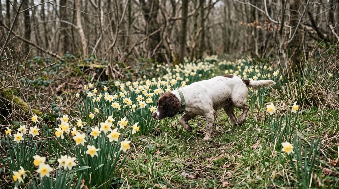 Native wild daffodils, Narcissus pseudonarcissus, flowering under bare trees with a spaniel walking through the drift