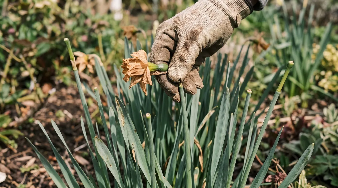 Gloved hand snapping off a faded daffodil flower and seed pod, leaving the stem and leaves standing