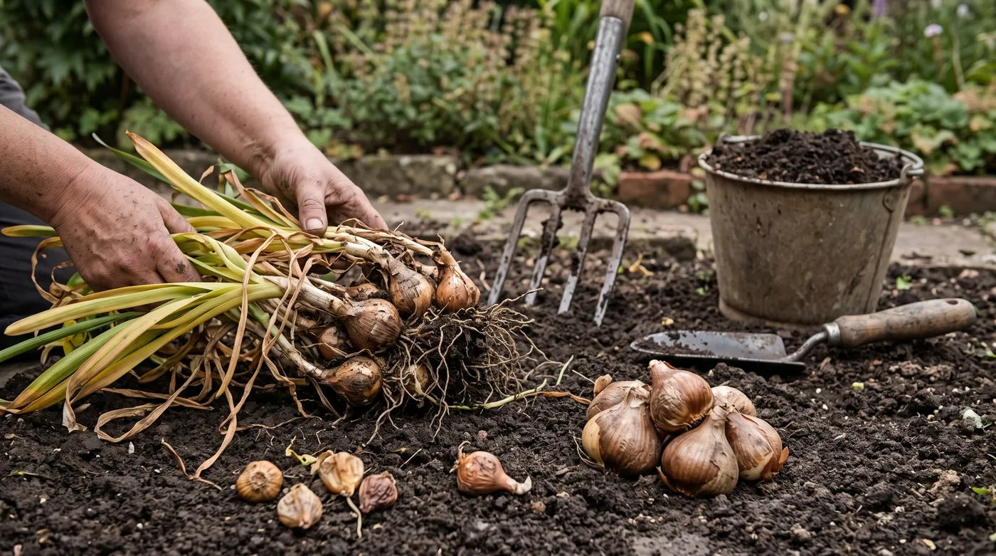 Crowded daffodil clump lifted and pulled apart into individual bulbs, the biggest set aside to replant