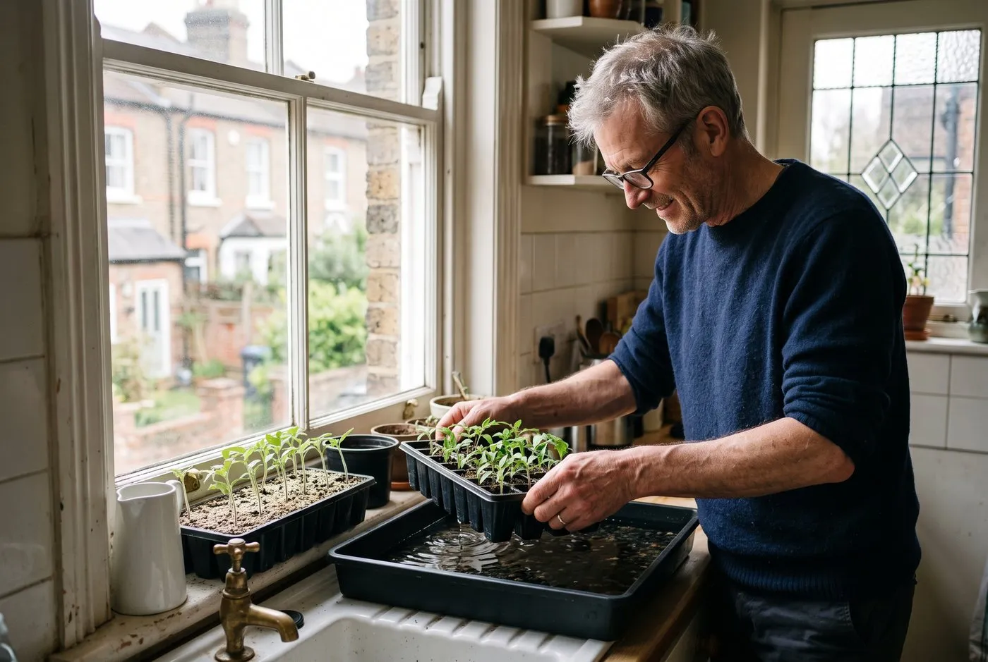 A grey-haired man in his sixties bottom-watering seed trays to prevent damping off at a bright kitchen windowsill