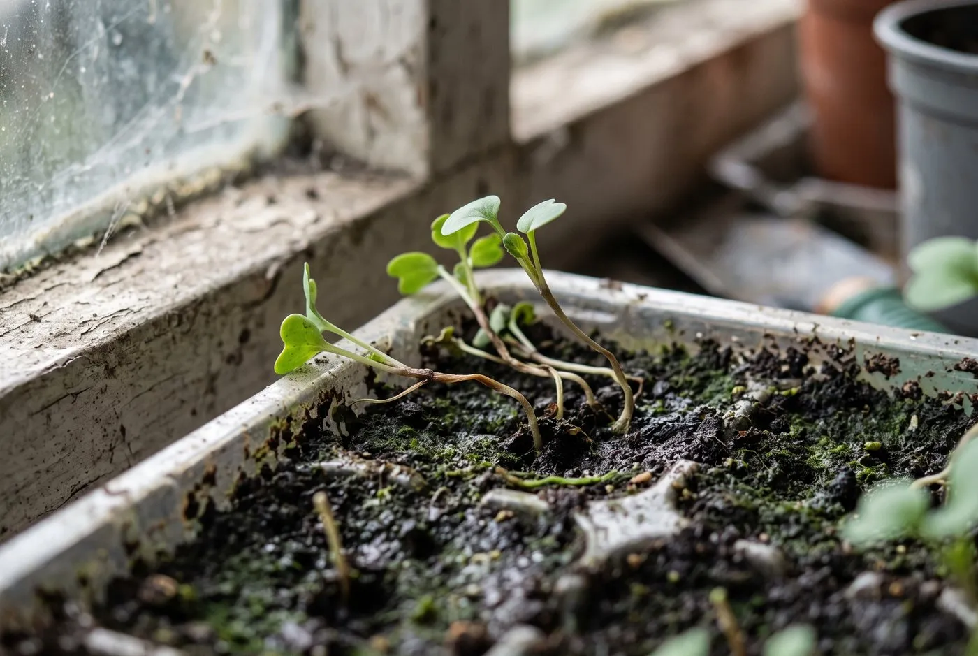 Close view of damping off, young seedlings toppled and pinched brown at the soil line in a seed tray on an allotment shed windowsill