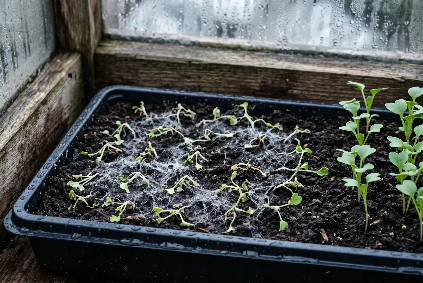 Seed tray showing a spreading patch of damping off with fine white fungal threads across the wet compost surface in a cold frame