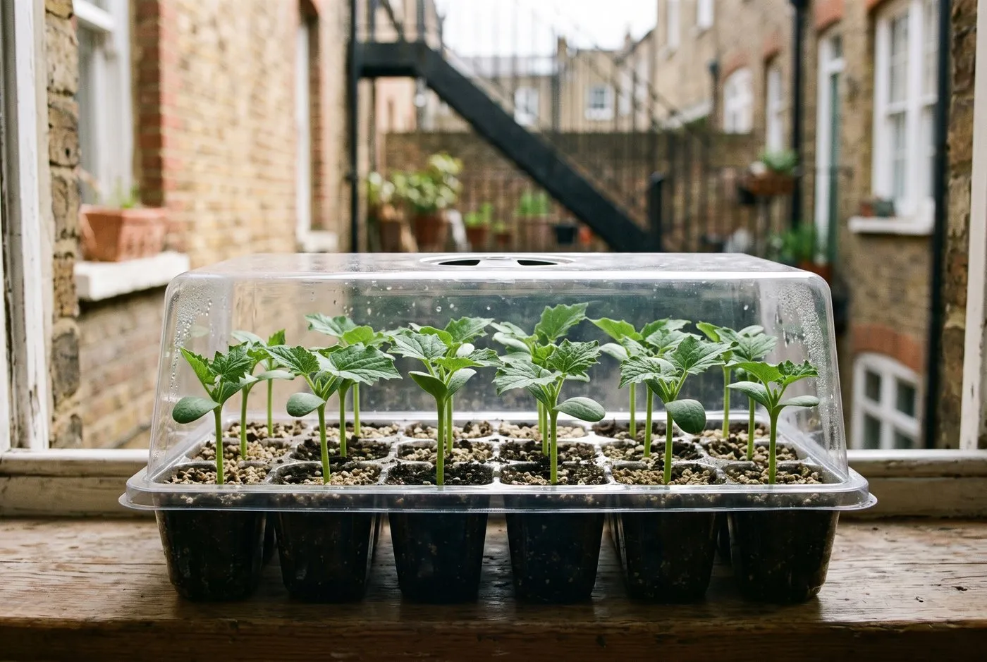 Healthy young seedlings with strong stems and their first true leaves growing evenly in a windowsill propagator