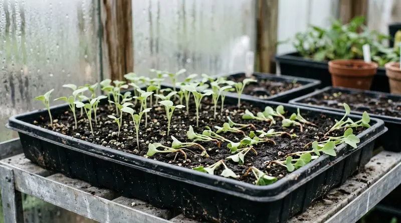 Damping off in a seed tray, with young seedlings toppled and collapsed at the soil line on a UK greenhouse bench