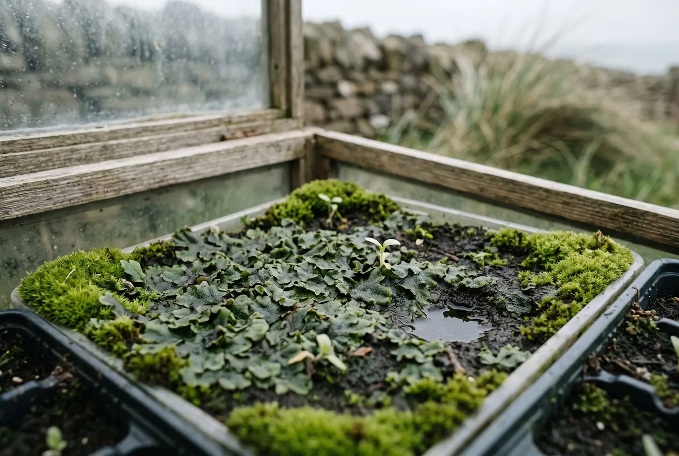 Seed trays with a green crust of liverwort and moss across the compost surface in a coastal cold frame