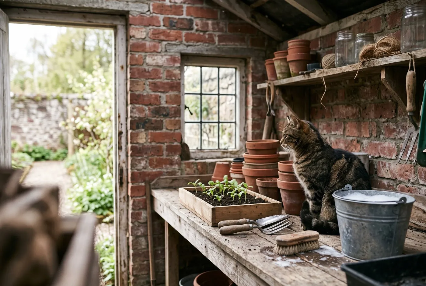 A cat sitting on a wooden potting shed bench beside seed trays and pots in a Scottish walled garden