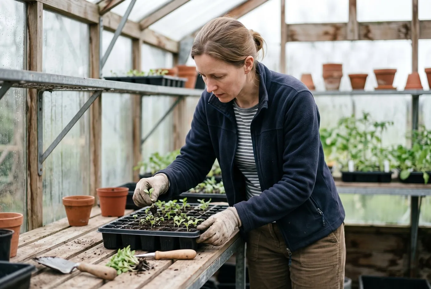 A gardener thinning young seedlings at a greenhouse propagator bench, gloved hands lifting surplus seedlings from a module tray