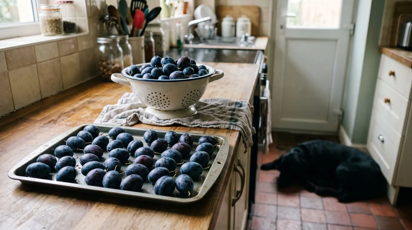 Whole damsons spread on a baking tray ready to freeze, with a colander of fruit beside it