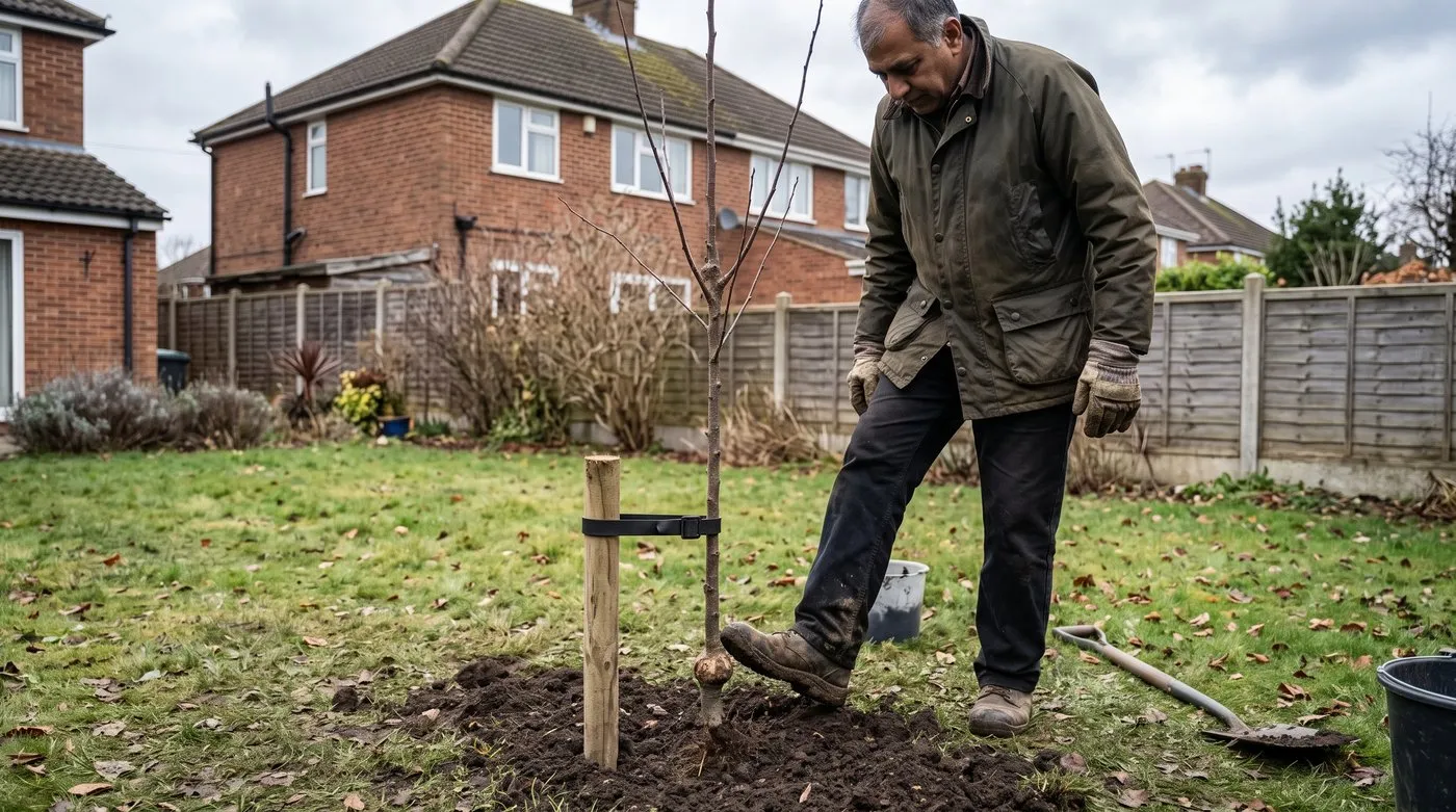 Gardener firming soil around a newly planted bare-root damson tree tied to a short stake