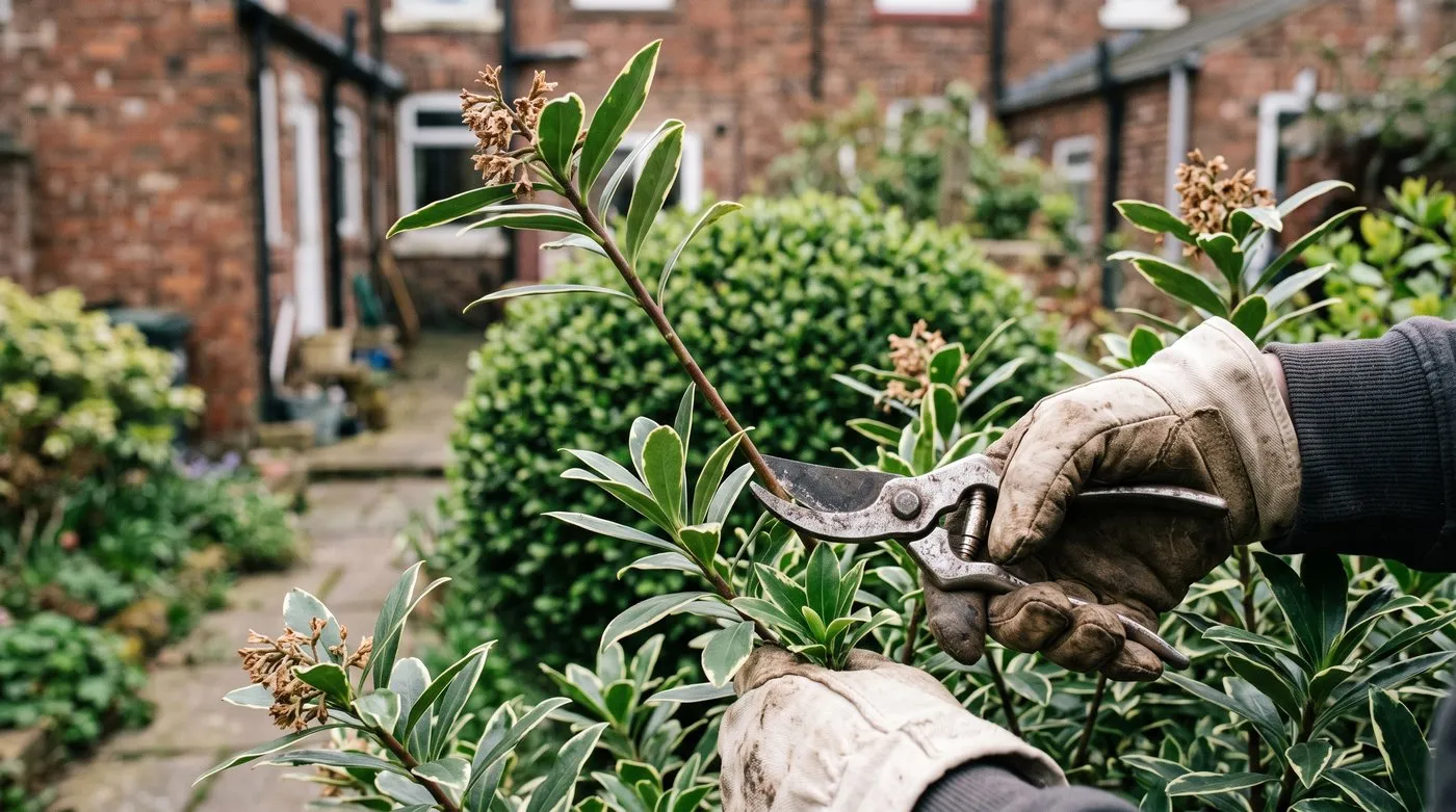 Gloved hands trimming a daphne stem back to a healthy side shoot after flowering