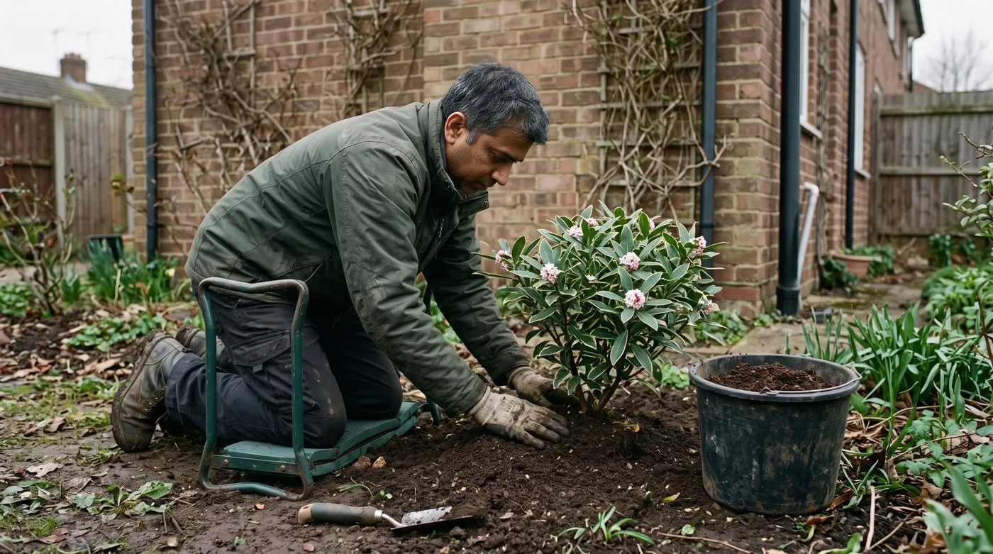 Gardener planting daphne on a slight mound with the root ball just above soil level by a sheltered wall
