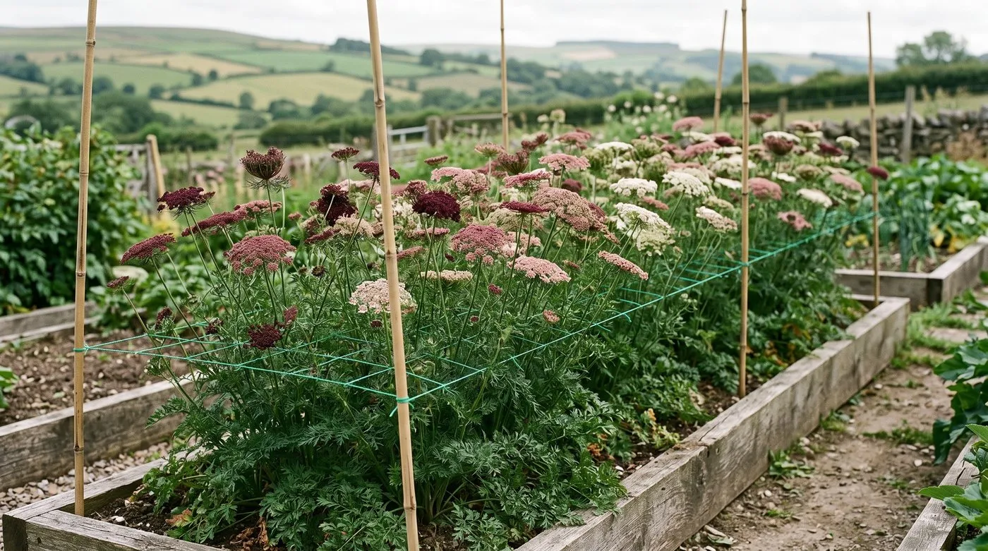 Daucus 'Dara' plants in burgundy, pink and white growing up through flower netting in a raised bed
