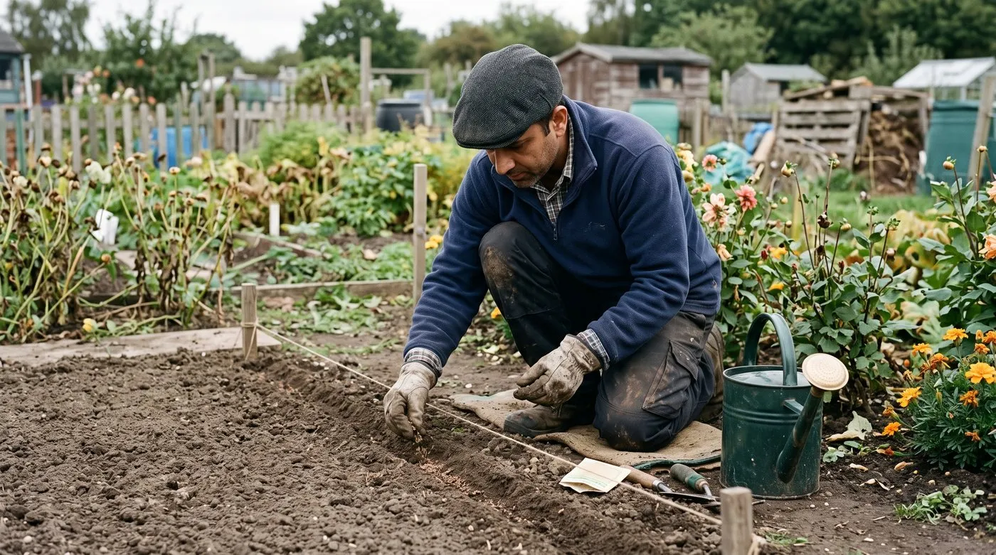 Gardener sprinkling Daucus 'Dara' seed thinly along a shallow drill in finely raked allotment soil