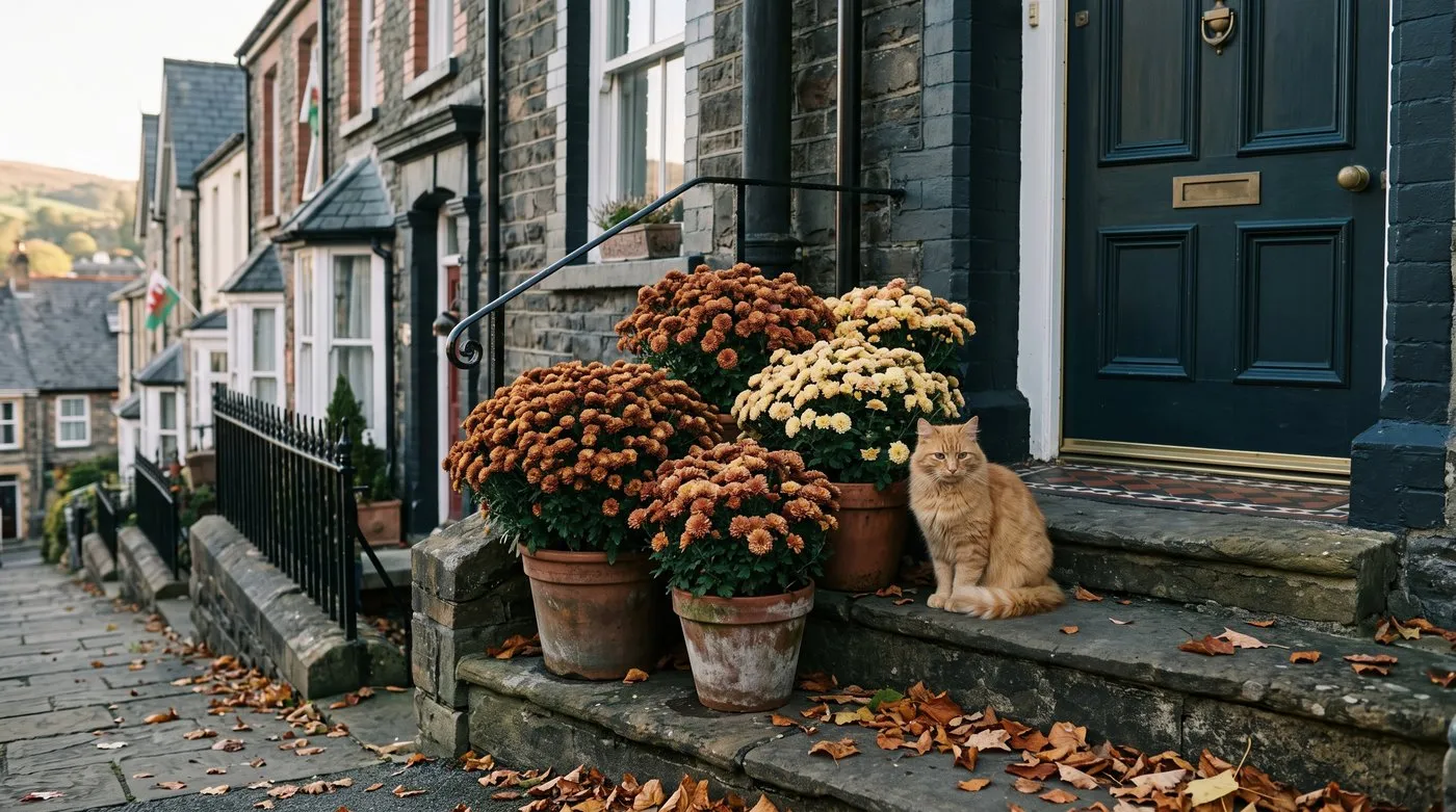 Pots of bronze and yellow chrysanthemums flowering on terraced house steps in October, with a ginger cat