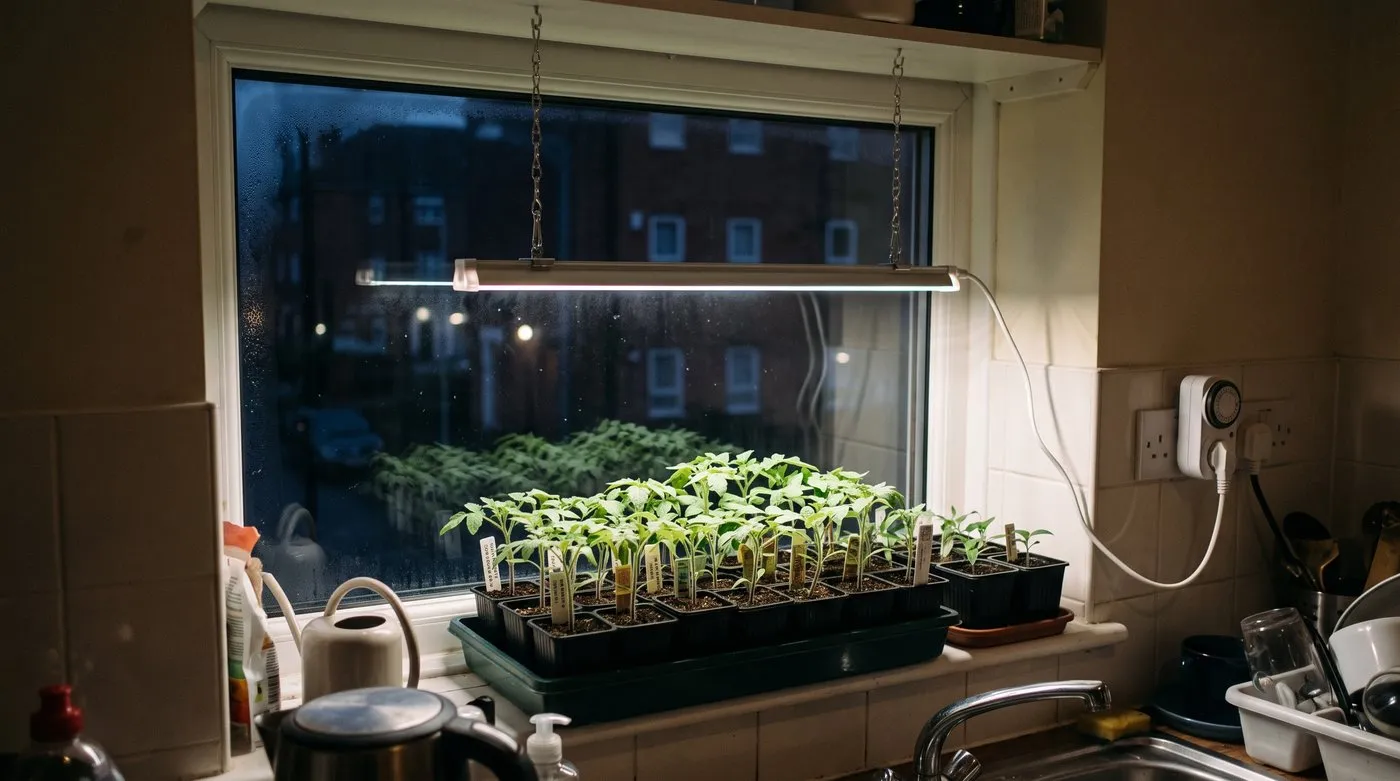 Plain LED grow light above a tray of young tomato and chilli seedlings on a kitchen shelf in winter