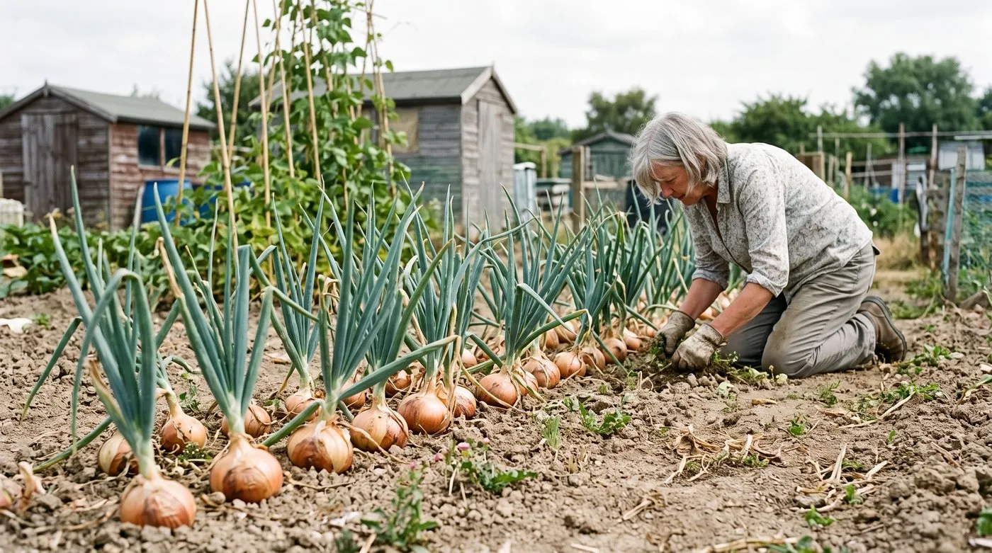 Brown onion bulbs swelling in an allotment row in July while an older woman weeds between them