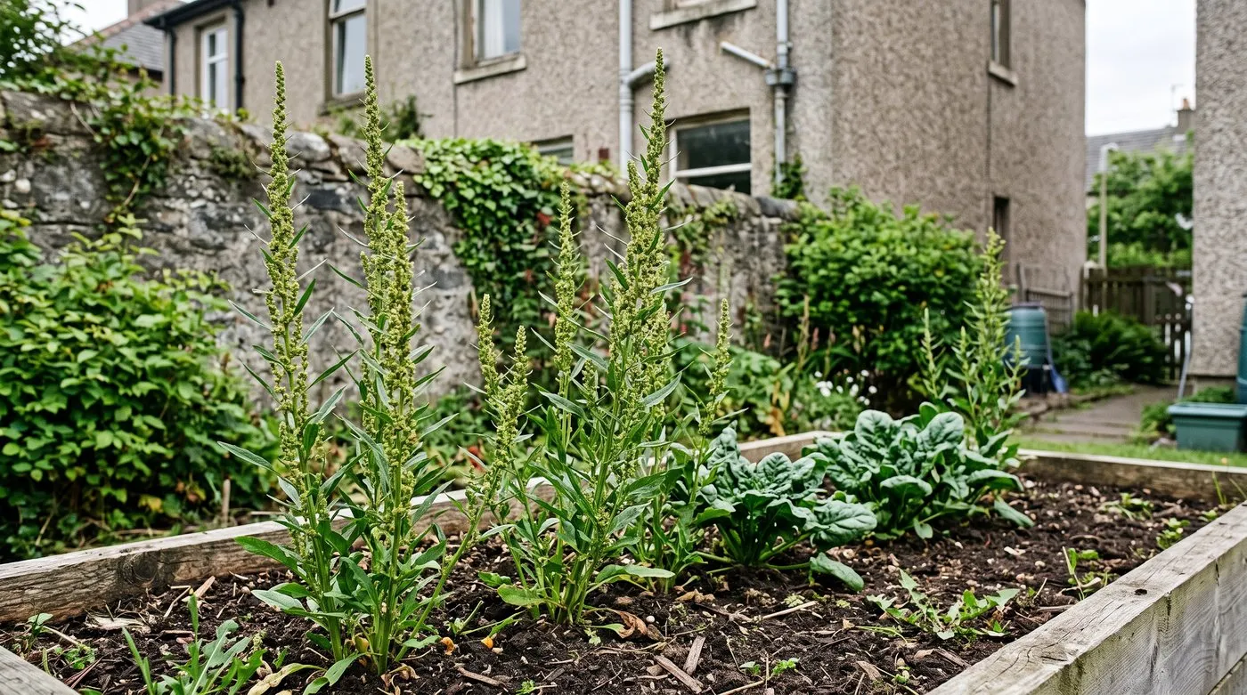 Spinach plants bolting in a raised bed in June, with tall flower stems above low leafy plants
