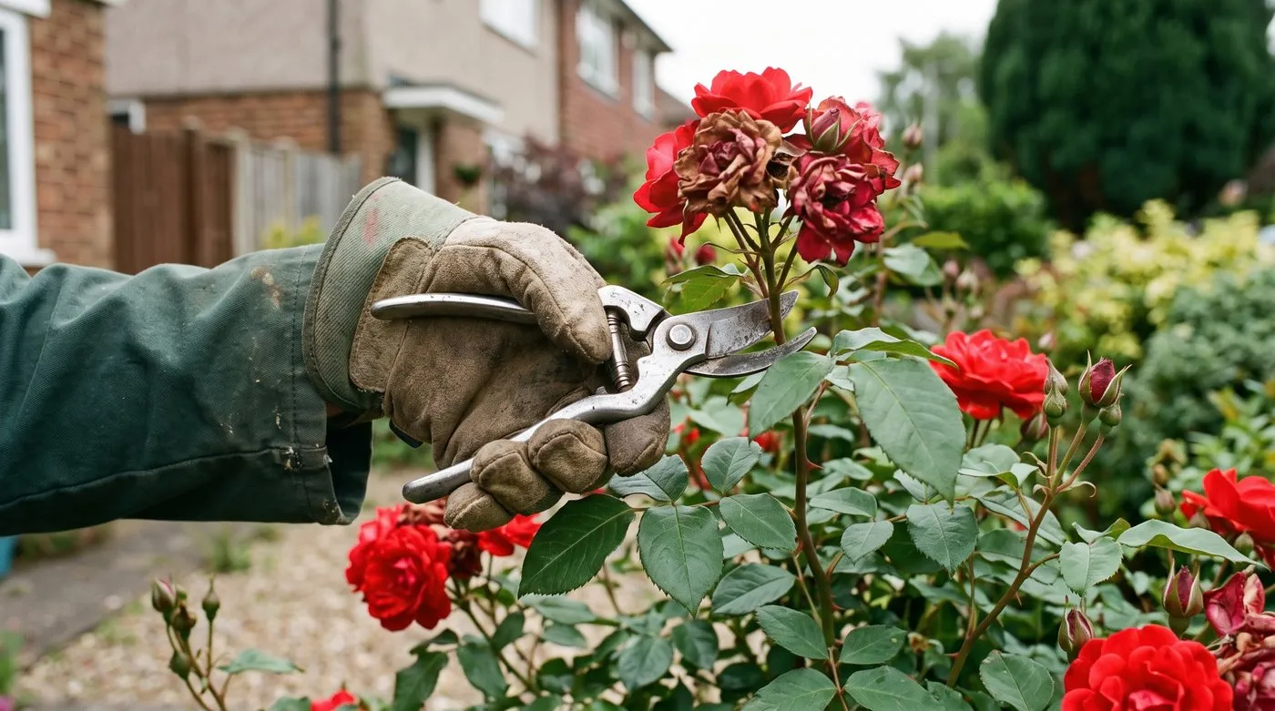 Gloved hand cutting a finished cluster of faded red floribunda roses back to a leaf