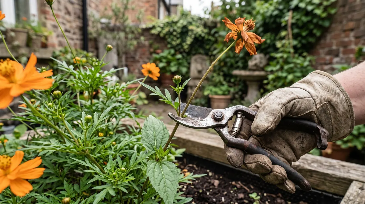 Secateurs cutting a faded flower stem just above a pair of leaves and a side bud