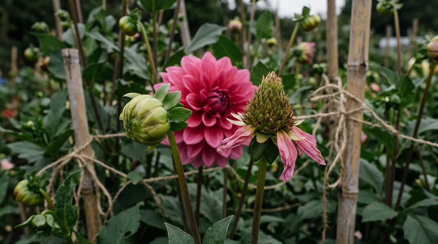 Dahlia stems showing a round new bud beside a pointed cone-shaped spent flower head