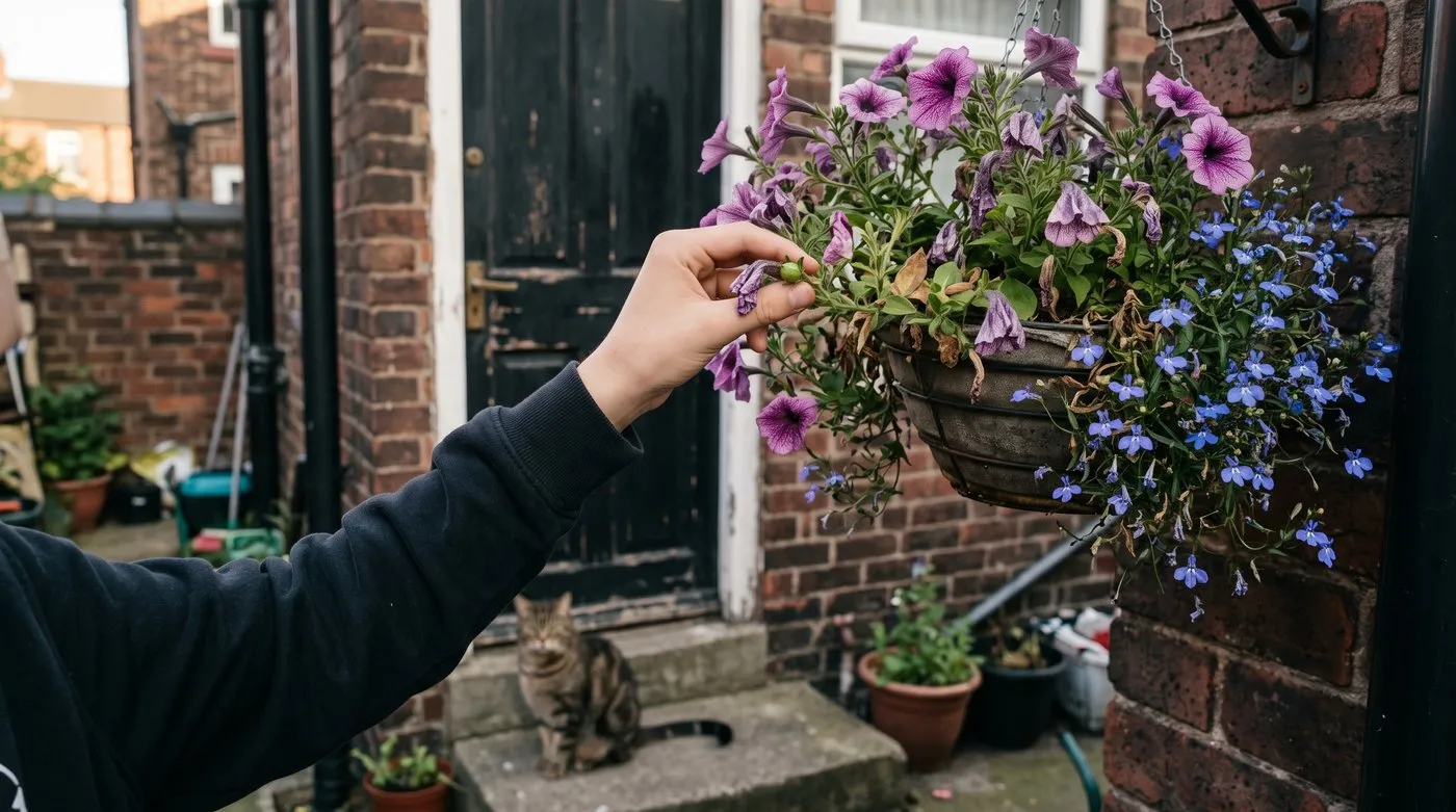 Fingers pinching a faded petunia and its seed case from a hanging basket