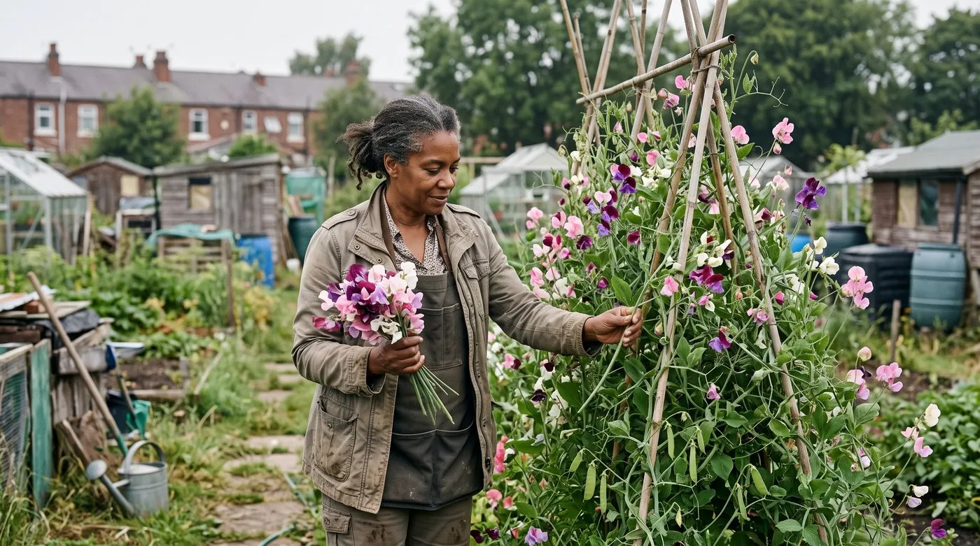 Woman picking a bunch of pink and purple sweet peas from a cane wigwam on an allotment