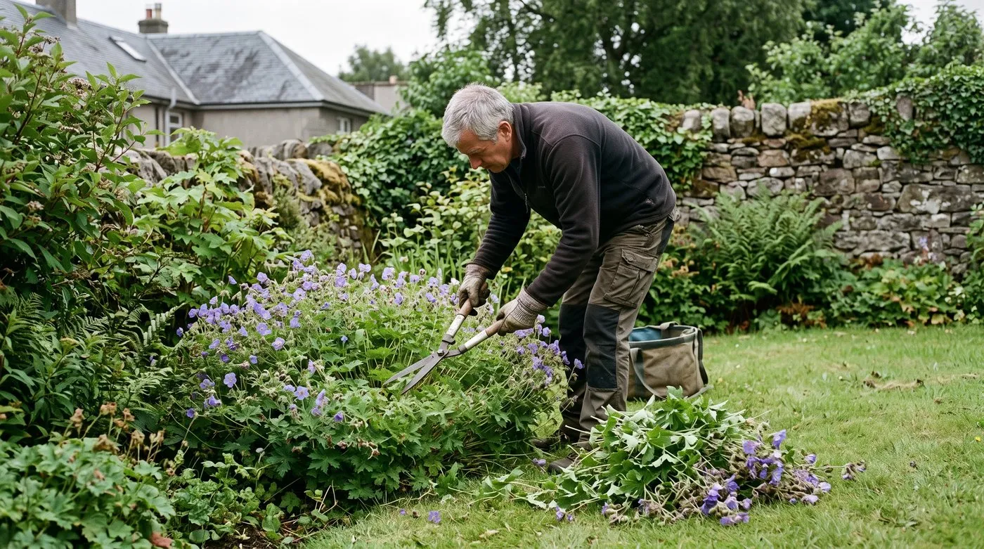 Man cutting back a faded hardy geranium clump with garden shears in early summer