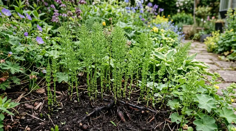 Horsetail (Equisetum arvense) growing densely through a UK garden border in spring sunshine