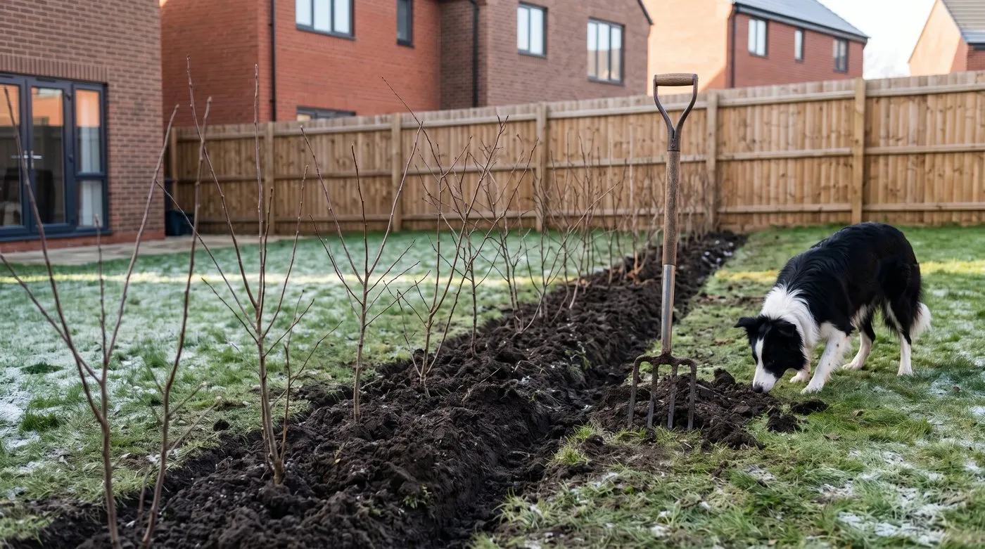 Row of bare-root hawthorn and beech hedge whips planted along a trench in a winter garden