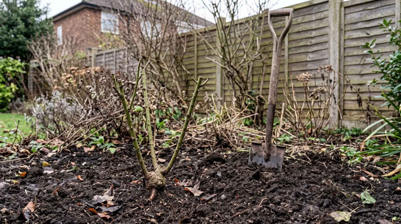 Bare-root rose planted in a winter border with its knobbly graft union level with the soil