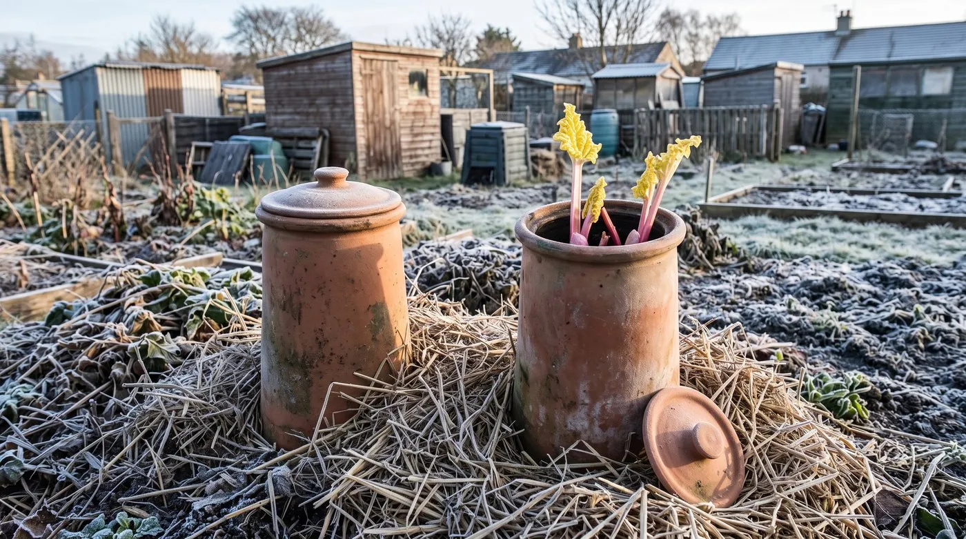 Clay forcing pot over a rhubarb crown, with pale pink forced rhubarb stems under a lifted lid