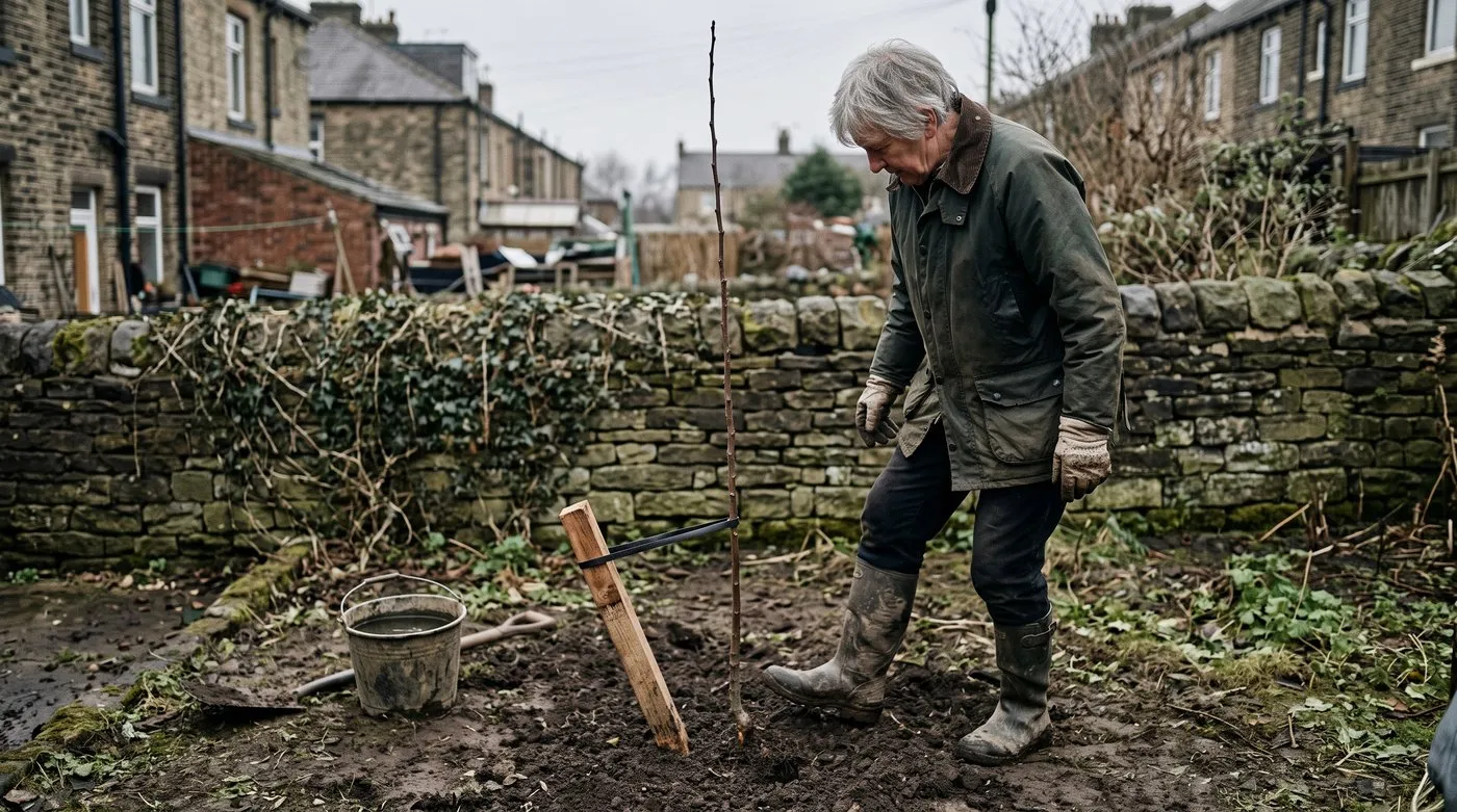 Gardener firming soil around a newly planted bare-root apple tree with a short stake in December