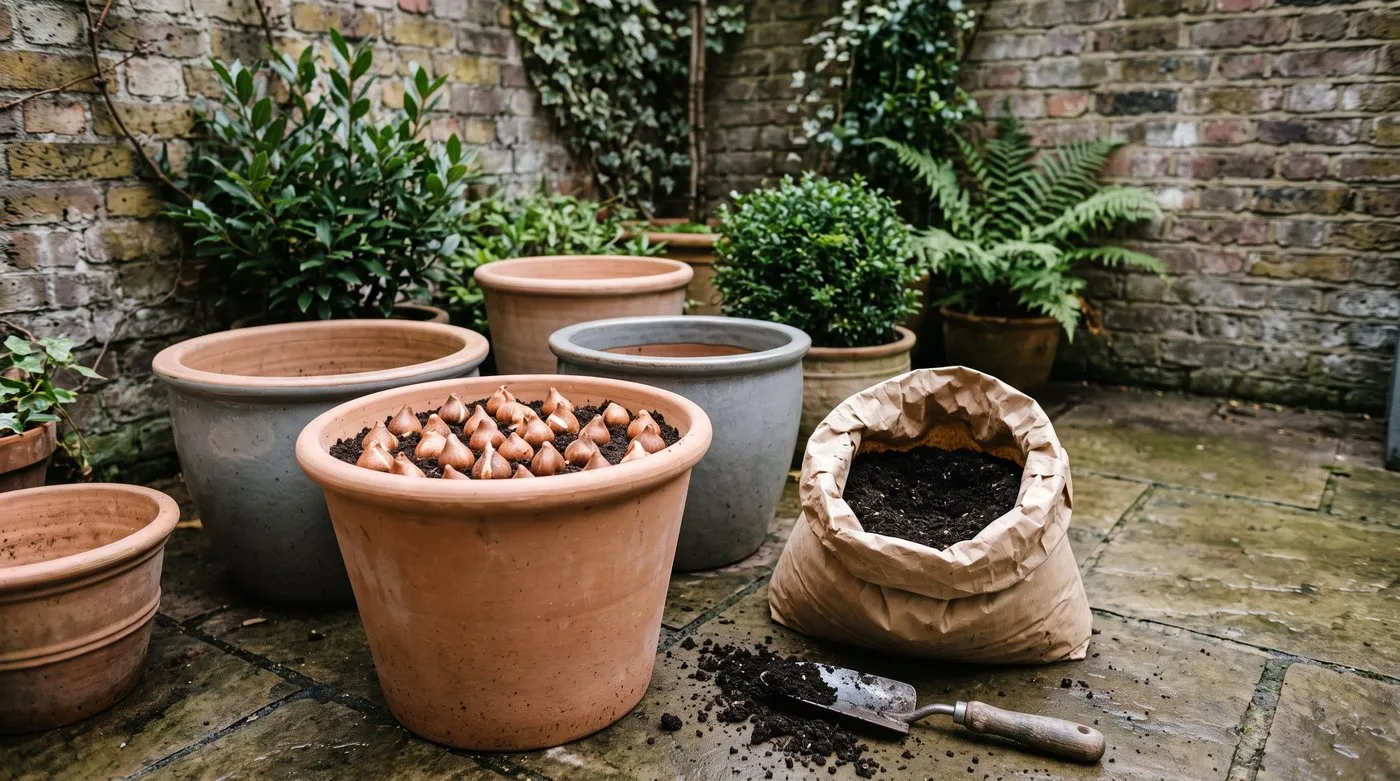 Tulip bulbs placed pointy end up in patio pots during December planting in a city courtyard