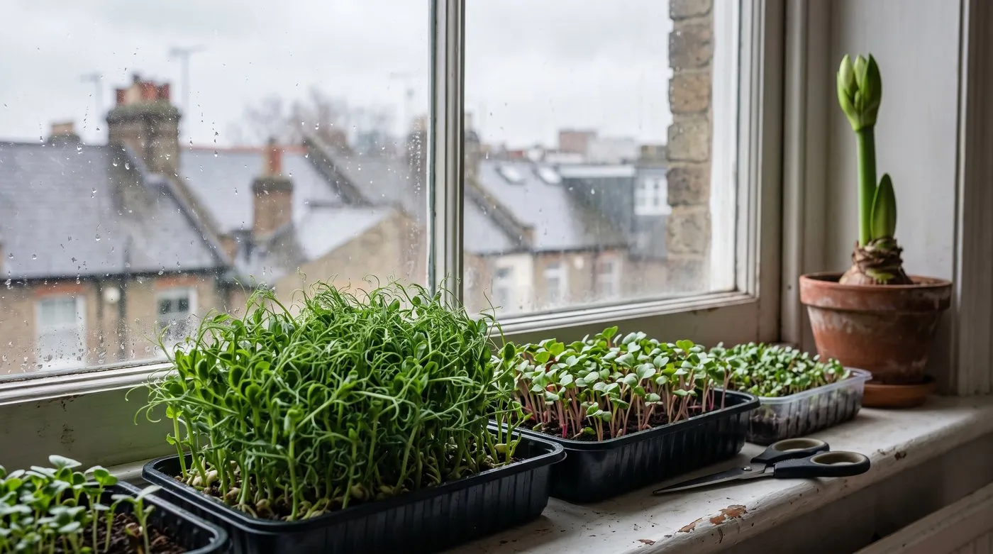 Trays of pea shoots and radish microgreens on a winter windowsill beside a potted amaryllis