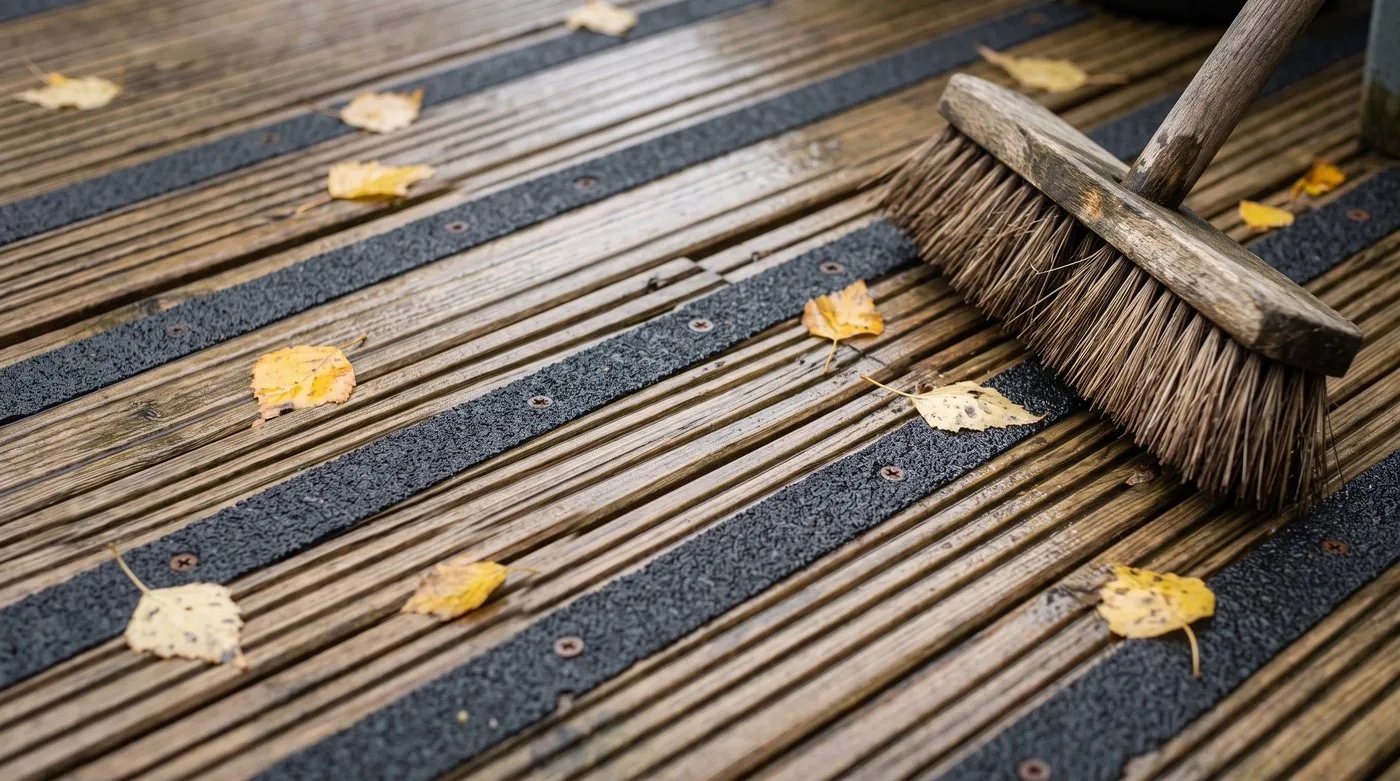 Wet grooved decking boards fitted with gritty anti-slip strips and a stiff broom in autumn