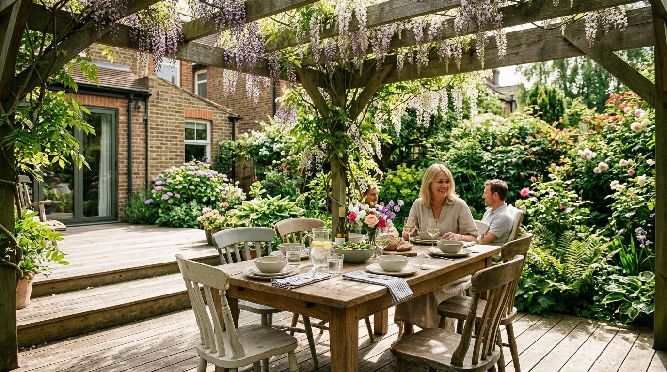 Garden dining area on timber decking with a pergola and climbing wisteria in a UK garden