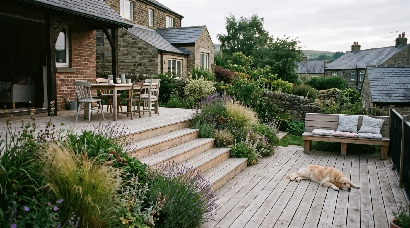 Two-level timber deck on a sloping UK garden with dining above, seating below and a dog relaxing