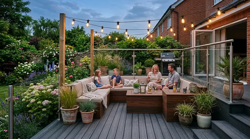 Composite decking in a UK back garden with built-in seating area and potted grasses
