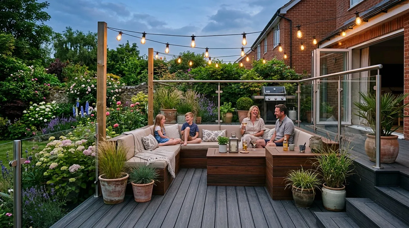 Composite decking in a UK back garden with built-in seating area and potted grasses