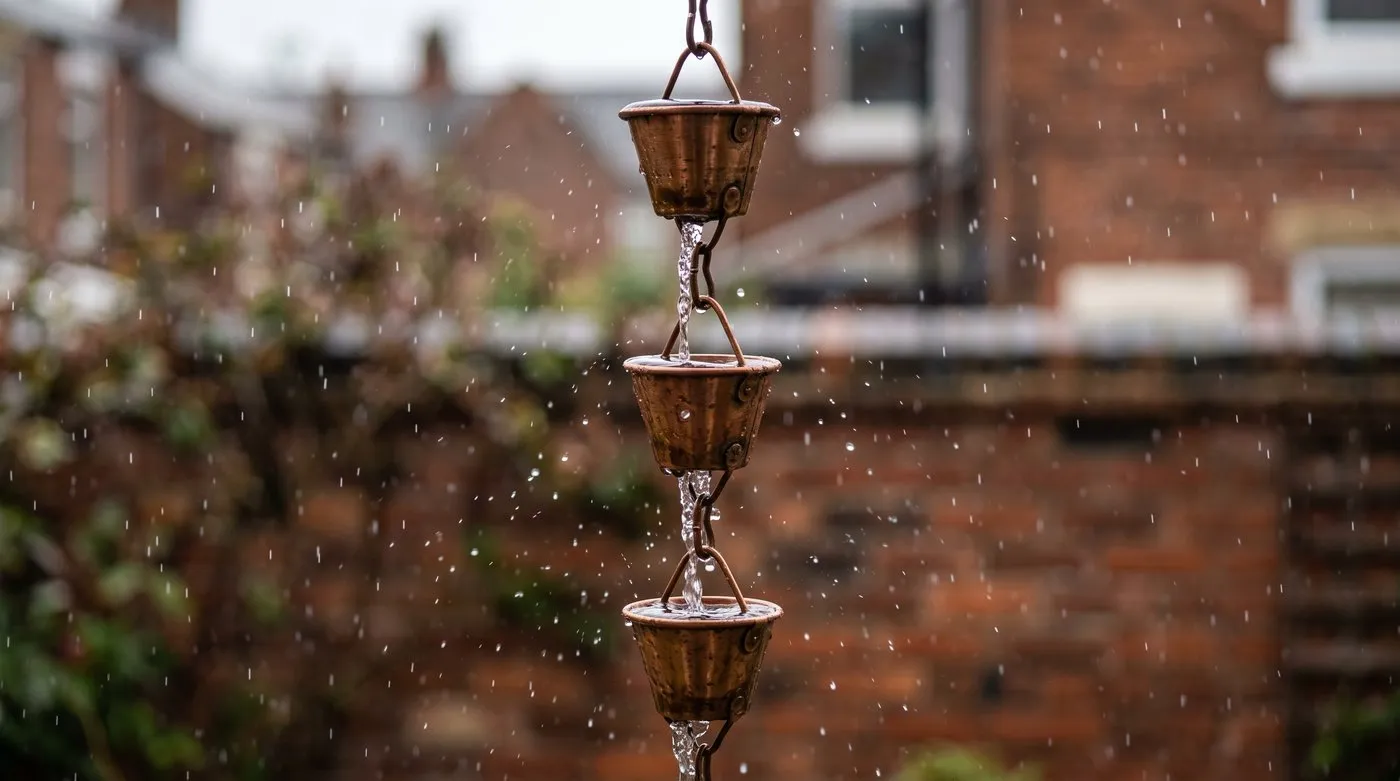 A copper cup rain chain hanging from a gutter outlet with water running from cup to cup during light rain