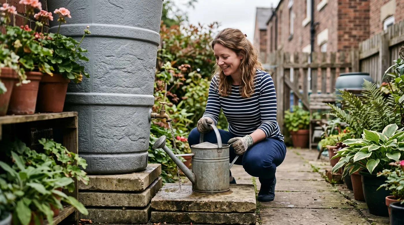 A woman filling a metal watering can from the tap of a decorative water butt raised on a paved plinth