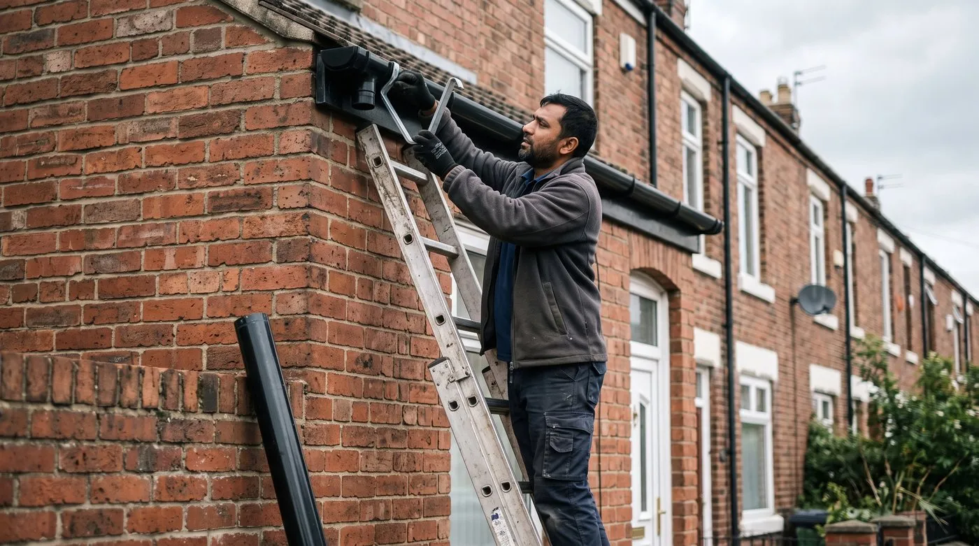 A man on a stepladder fitting a rain chain hanger into a gutter outlet on a Newcastle terrace