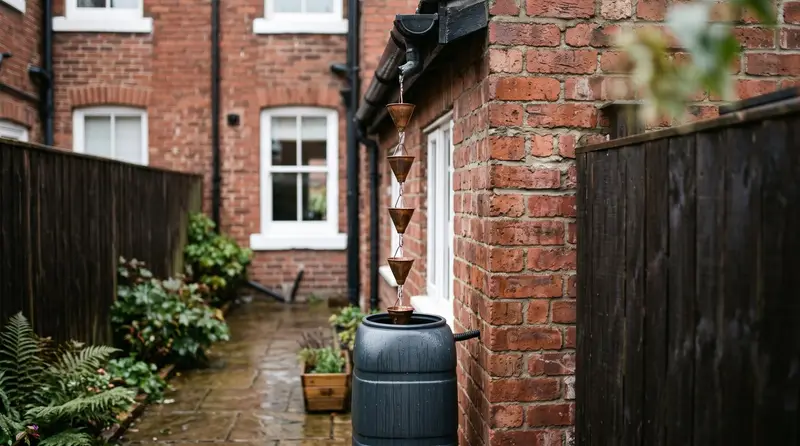 A copper cup rain chain running from a gutter outlet into a slimline decorative water butt in a Newcastle terrace garden