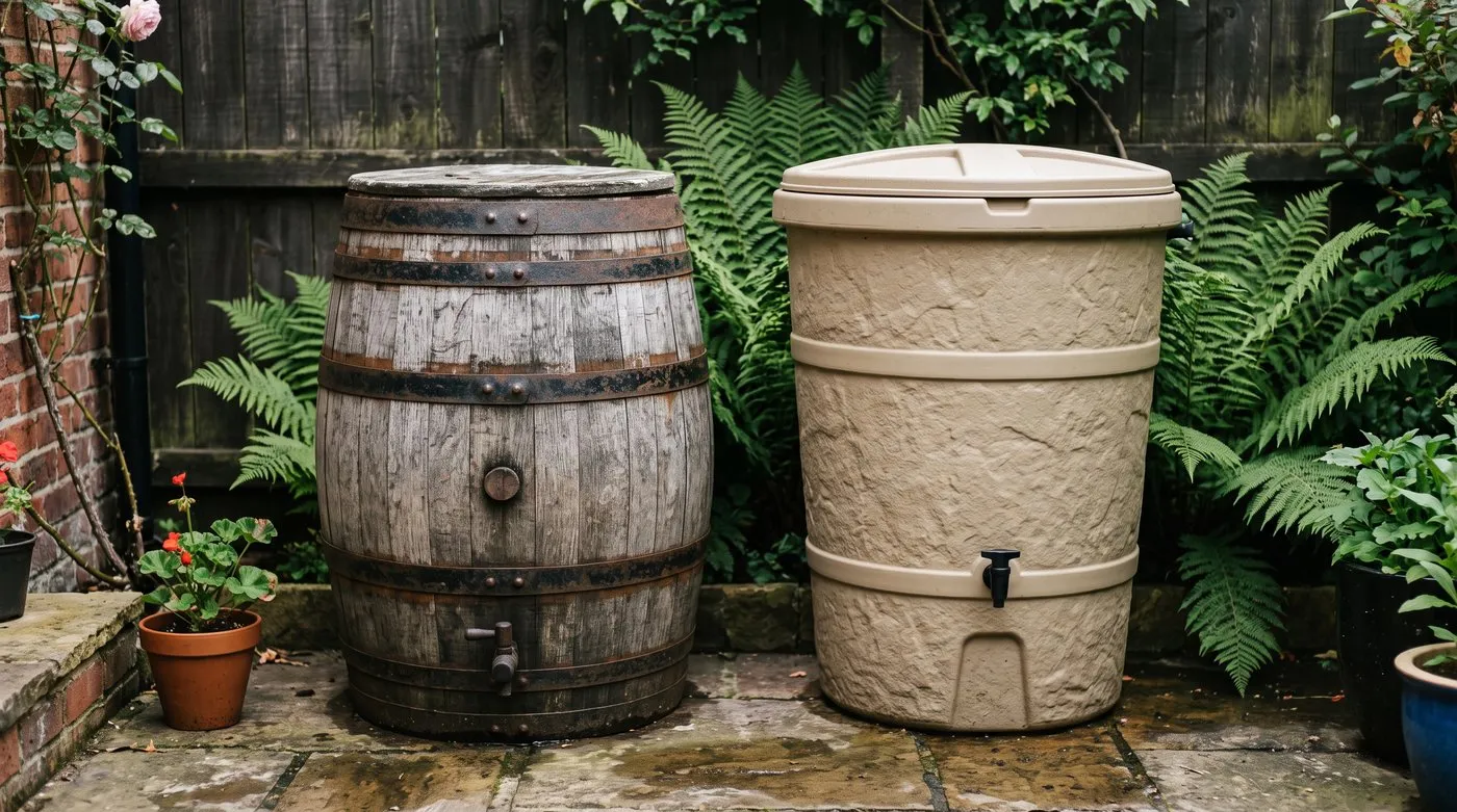 A reclaimed oak barrel water butt beside a moulded stone-effect butt in a small terrace garden