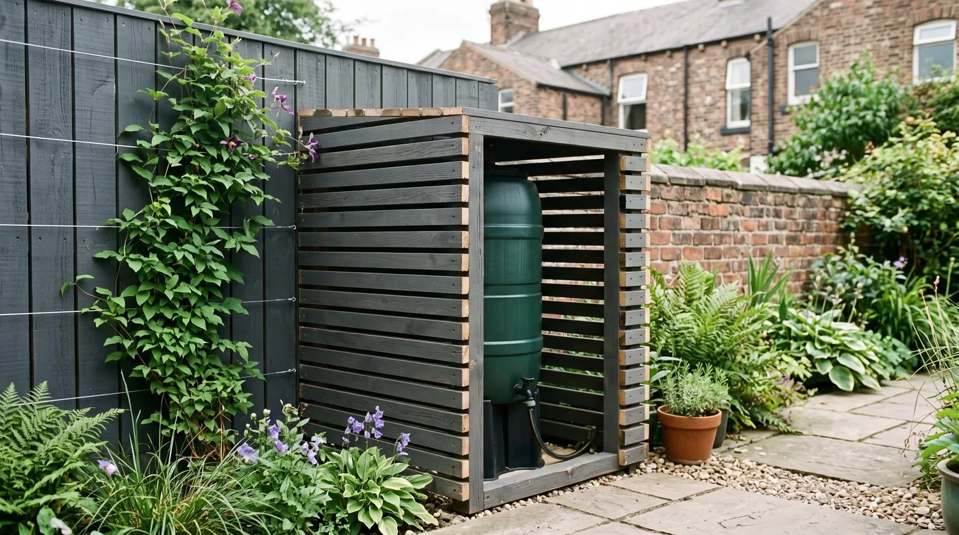 A water butt enclosed in a slatted timber box stained to match the garden fence