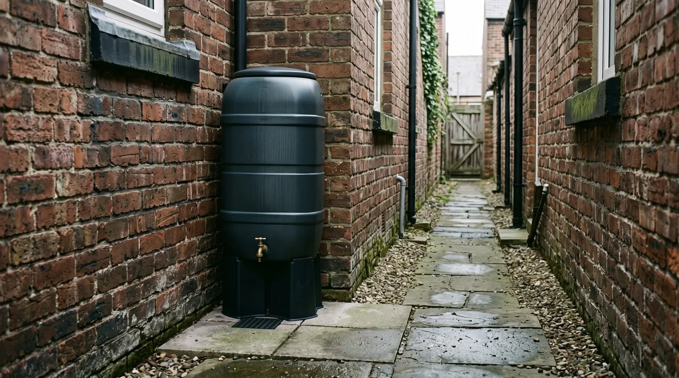 A slimline dark grey water butt standing flat against a brick wall in a narrow terrace side return